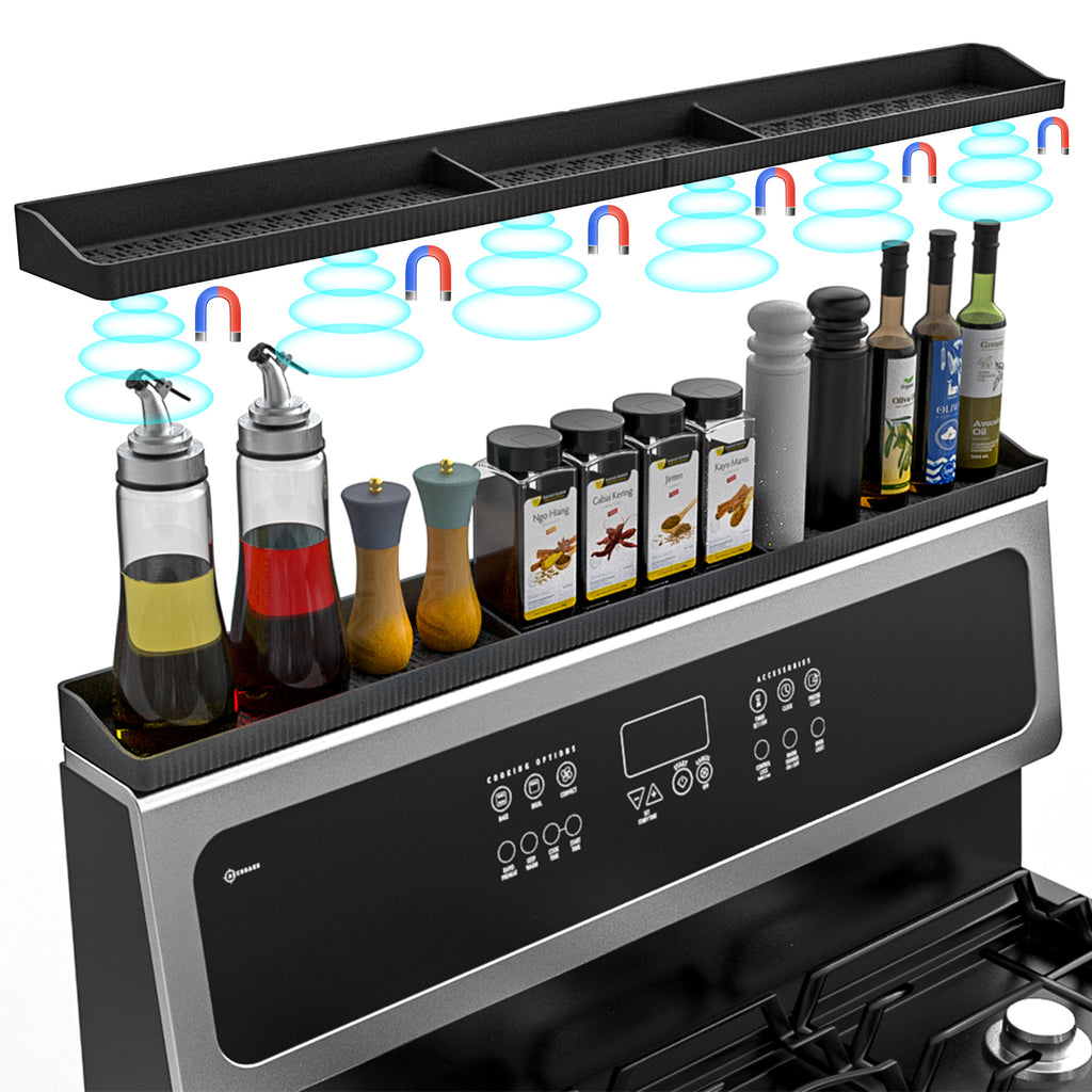 Foeacry Magnetic Stove Top Shelf 30 Inch - Heat Resistant Silicone Over the Stove Shelf Spice Rack Organizer - 3 Functional Partitions Kitchen Organization and Storage for Spices, Oils & Gadgets