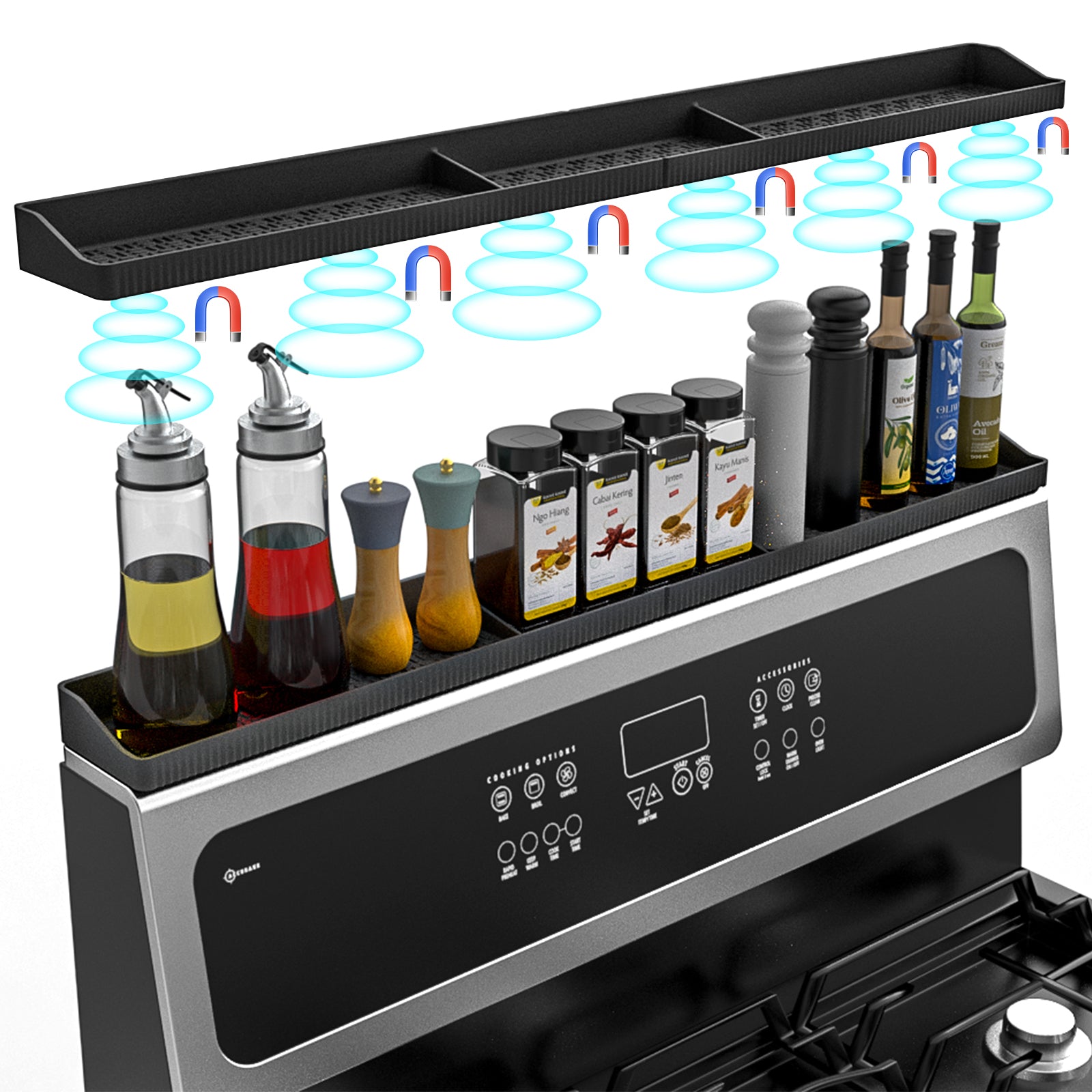 Foeacry Magnetic Stove Top Shelf 30 Inch - Heat Resistant Silicone Over the Stove Shelf Spice Rack Organizer - 3 Functional Partitions Kitchen Organization and Storage for Spices, Oils & Gadgets