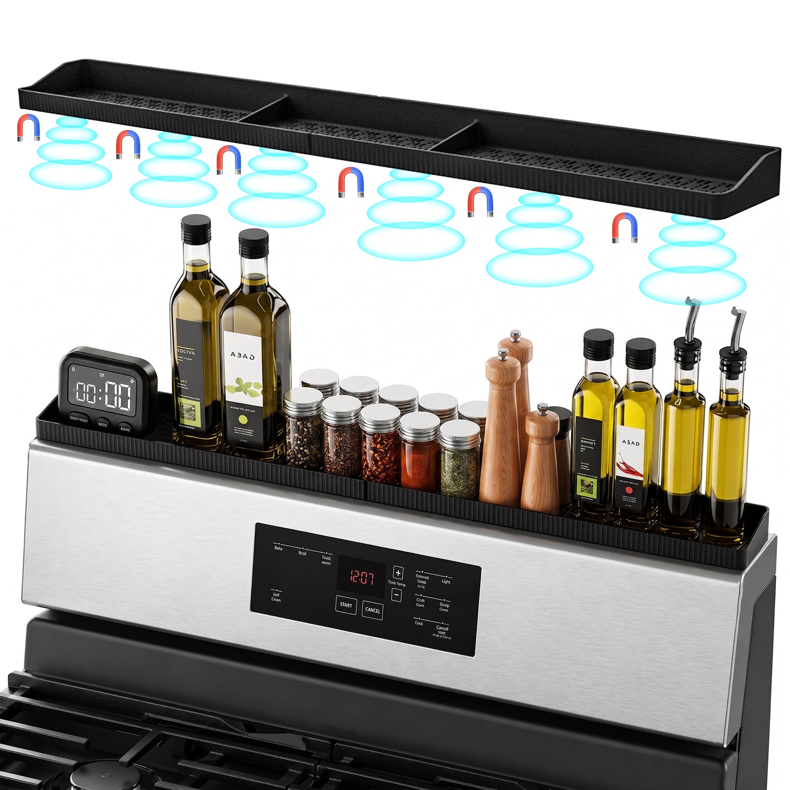 Foeacry Magnetic Stove Top Shelf 30 Inch - Heat Resistant Silicone Over the Stove Shelf Spice Rack Organizer - 3 Functional Partitions Kitchen Organization and Storage for Spices, Oils & Gadgets
