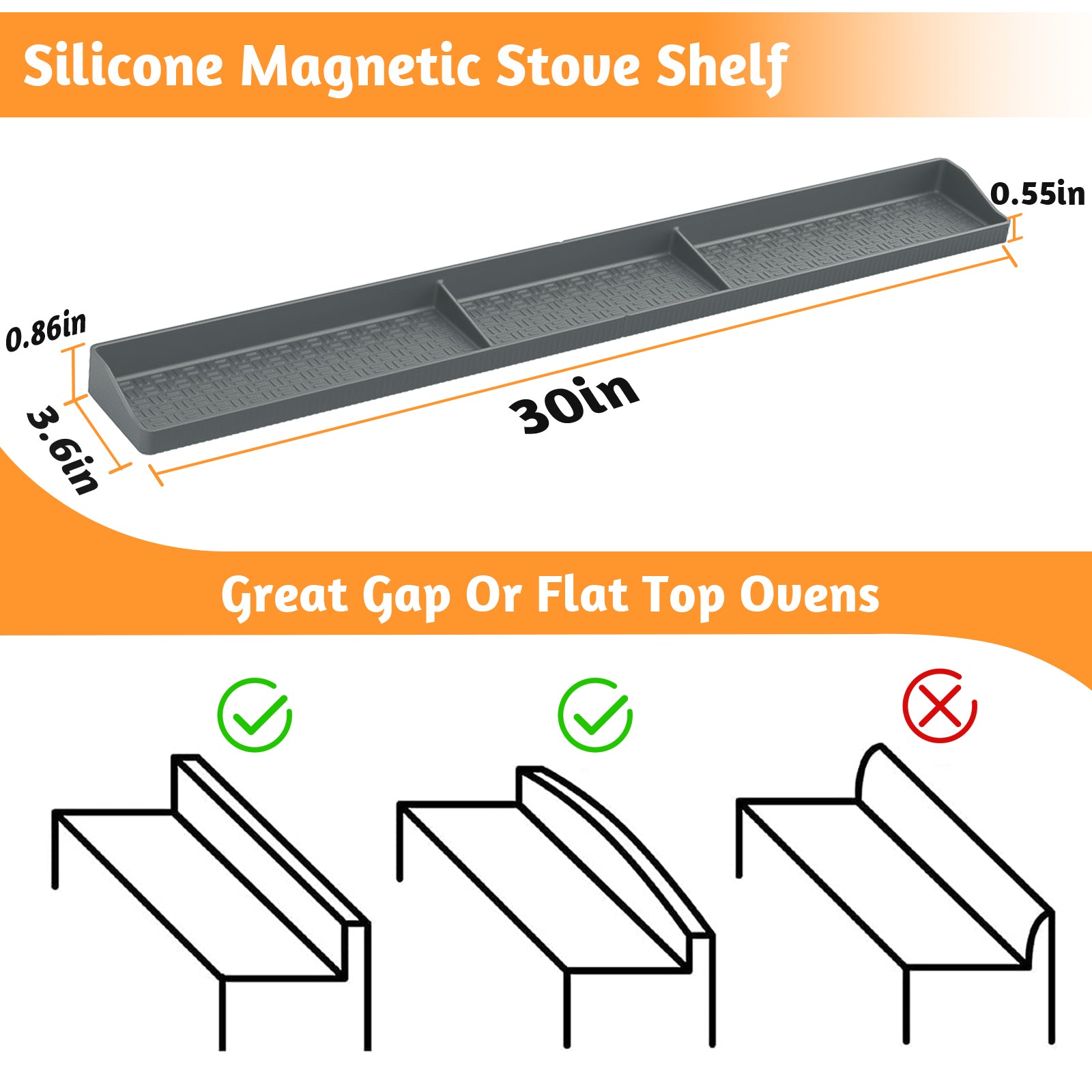 Magnetic Stove Shelf for Back of Stove, 30 Inch Silicone Stove Top Spice Rack for Kitchen Organization, Heat Resistant Over the Stove Shelf with 6 Powerful Magnets, Fits Flat & Curved Stoves- Grey