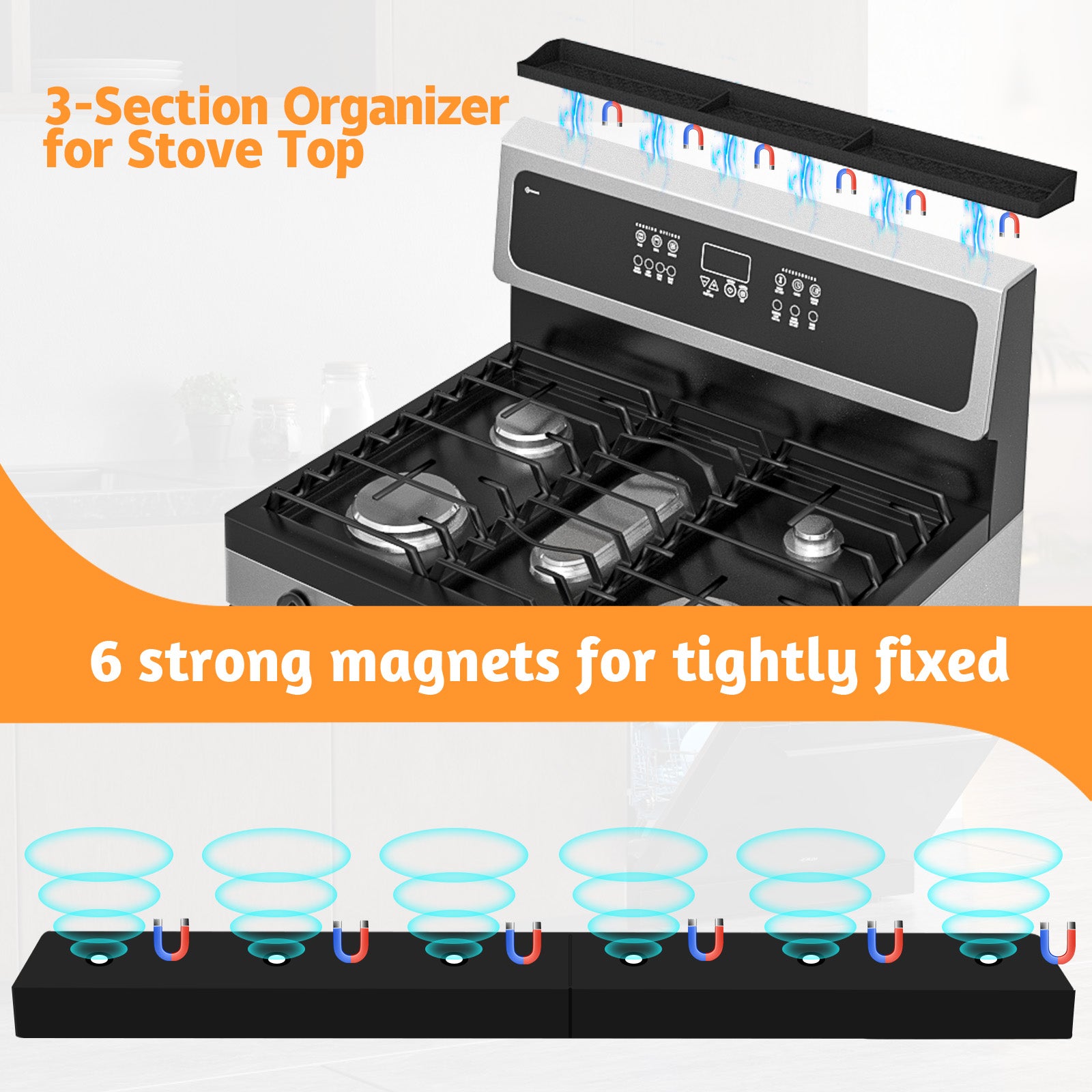 Foeacry Magnetic Stove Top Shelf 30 Inch - Heat Resistant Silicone Over the Stove Shelf Spice Rack Organizer - 3 Functional Partitions Kitchen Organization and Storage for Spices, Oils & Gadgets