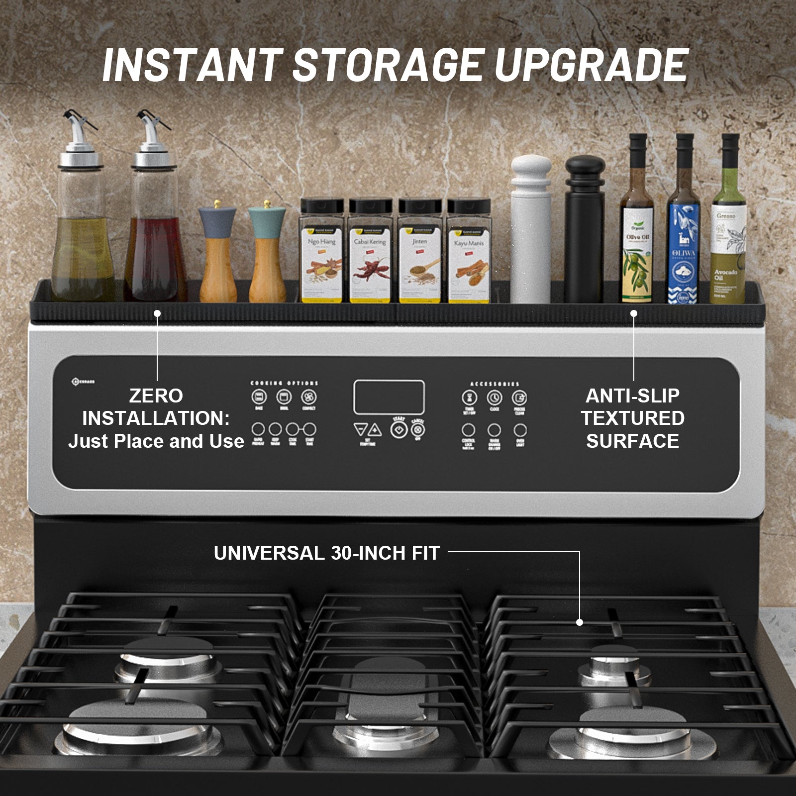 Foeacry Magnetic Stove Top Shelf 30 Inch - Heat Resistant Silicone Over the Stove Shelf Spice Rack Organizer - 3 Functional Partitions Kitchen Organization and Storage for Spices, Oils & Gadgets