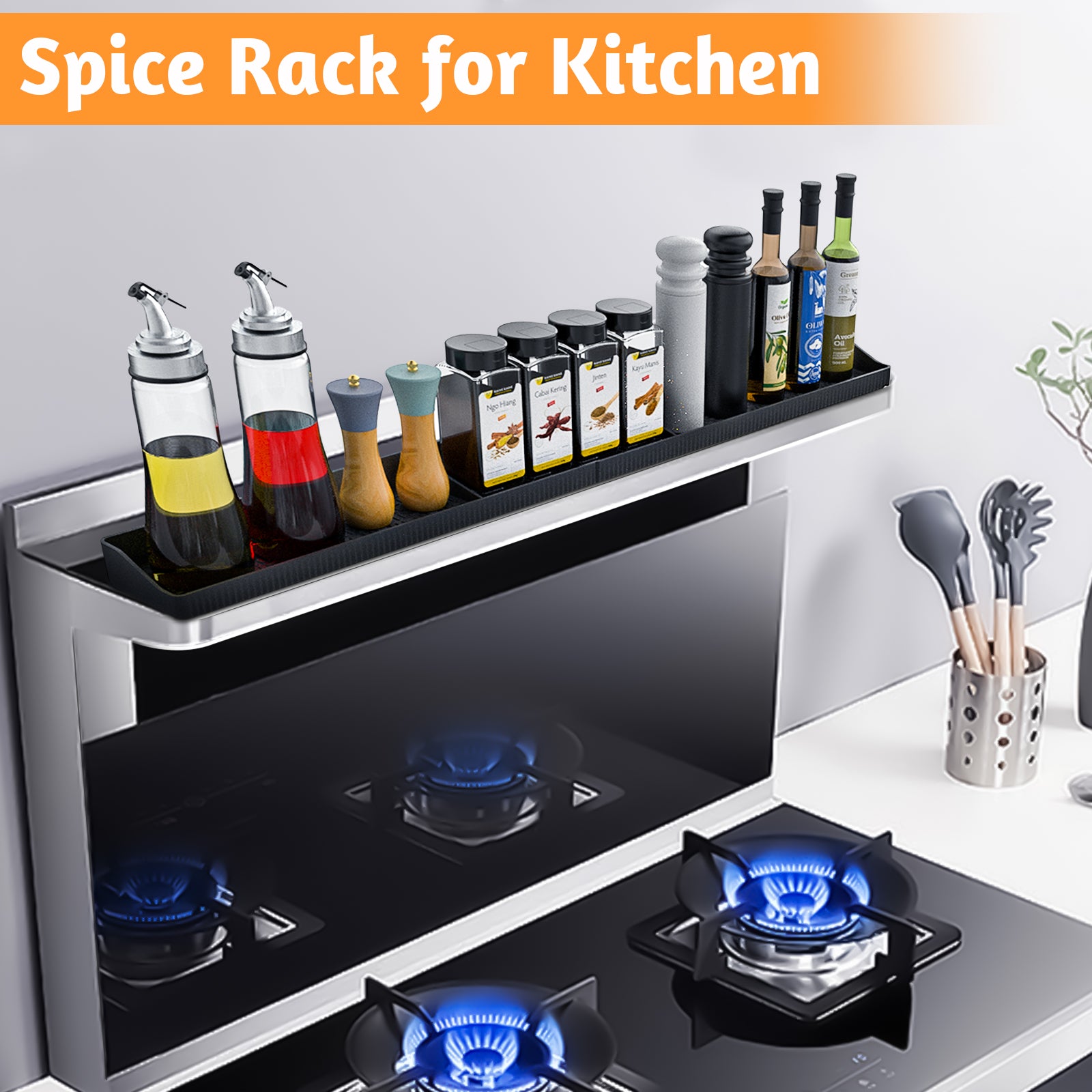 Foeacry Magnetic Stove Top Shelf 30 Inch - Heat Resistant Silicone Over the Stove Shelf Spice Rack Organizer - 3 Functional Partitions Kitchen Organization and Storage for Spices, Oils & Gadgets