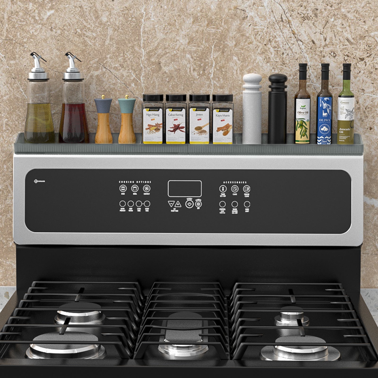 Magnetic Stove Shelf for Back of Stove, 30 Inch Silicone Stove Top Spice Rack for Kitchen Organization, Heat Resistant Over the Stove Shelf with 6 Powerful Magnets, Fits Flat & Curved Stoves- Grey