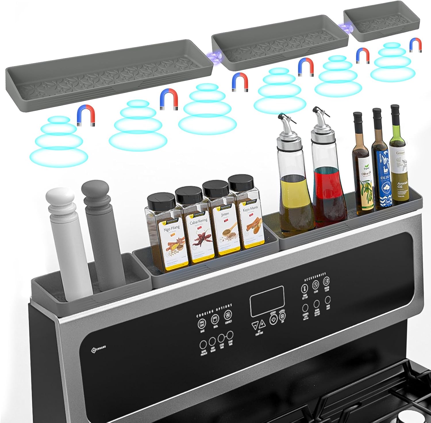 30"/24"/20" Silicone Stove Top Magnetic Shelf for Kitchen, Soft Flexible Strong Magnetic Heat Resistant Over the Stove Silicone Oven Shelf Spice Rack Organizer for Back of Oven - Grey Visit the Foeacry Store